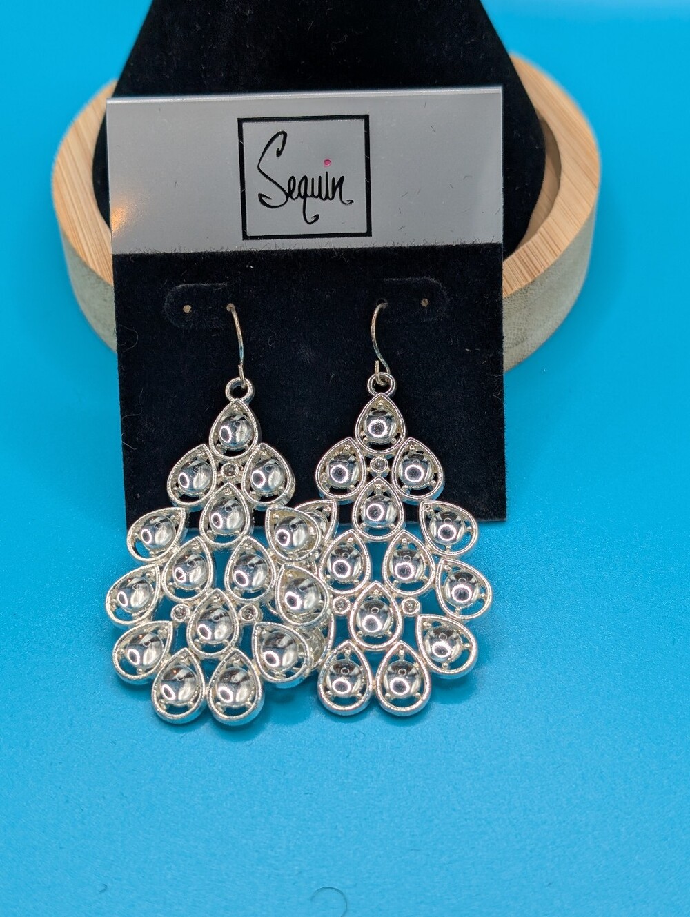 Sequin Silver Teardrop Cluster Dangle Earrings